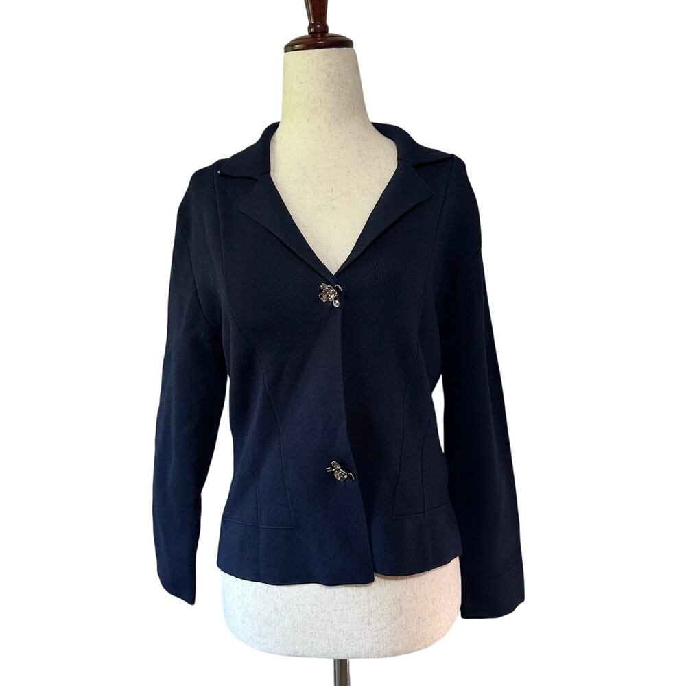 ZARA Women's Flower Button Knit Cardigan Blazer Size M In Navy